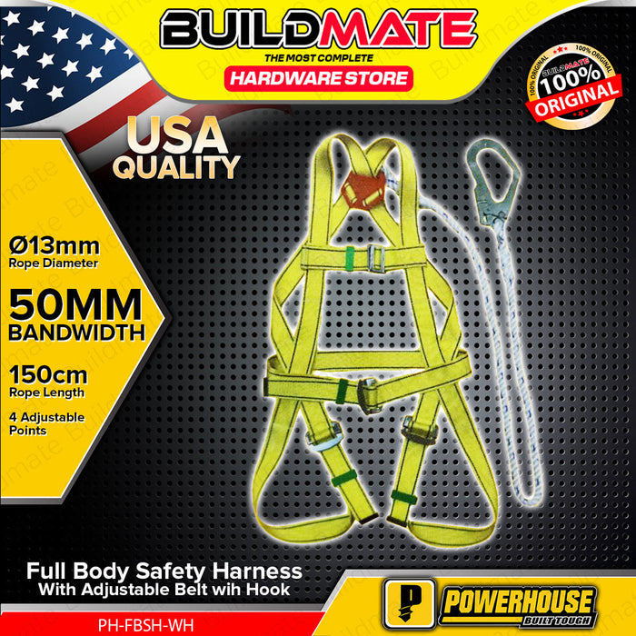 BUILDMATE Powerhouse Full Body Safety Harness with Adjustable Belt and Hook Ø13mm x 150cm Fall Arrest Protection Personal Safety Harness Belt - PHHT