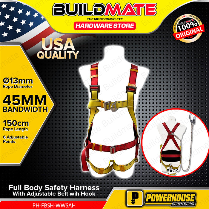 BUILDMATE Powerhouse Full Body Safety Harness with Adjustable Belt and Hook Ø13mm x 150cm Fall Arrest Protection Personal Safety Harness Belt - PHHT