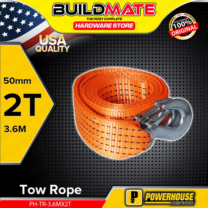 BUILDMATE Powerhouse 2T Tow Rope 50mmx3.6m With Steel Hooks Heavy Duty Car Recovery Emergency Towing Belt Pull Rope Strap PH-TR-3.6MX2T - PHHT