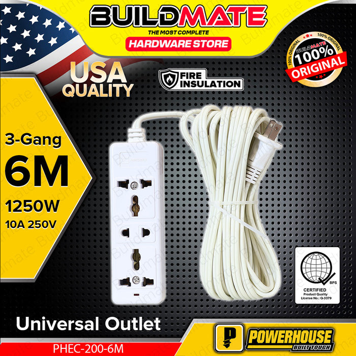 BUILDMATE Powerhouse 6M Electric Extension Cord 1250W 3-Gang Universal Outlet Power Strip 3 Way Power Extension PHEC-200-6M - PTWA