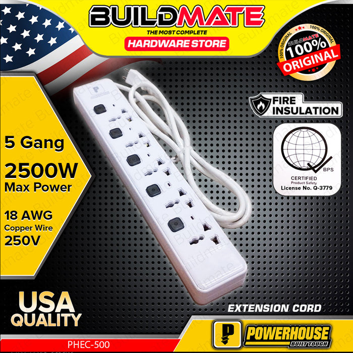 BUILDMATE Powerhouse 5 Gang Electric Extension Cord 2500W with Individual Switch & Overload Protection Universal Outlet Socket 5 gang PHEC-500 - PHE