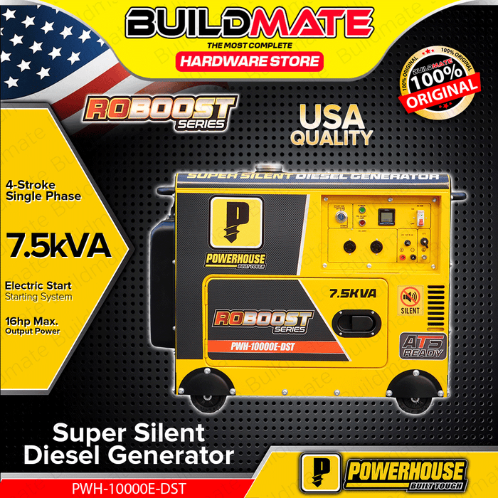 BUILDMATE Powerhouse Super Silent Diesel Generator 7.5kVA With Battery for Electric Start Emergency Backup Power Quiet Generator PH-PWH-10000E-DST - PHI