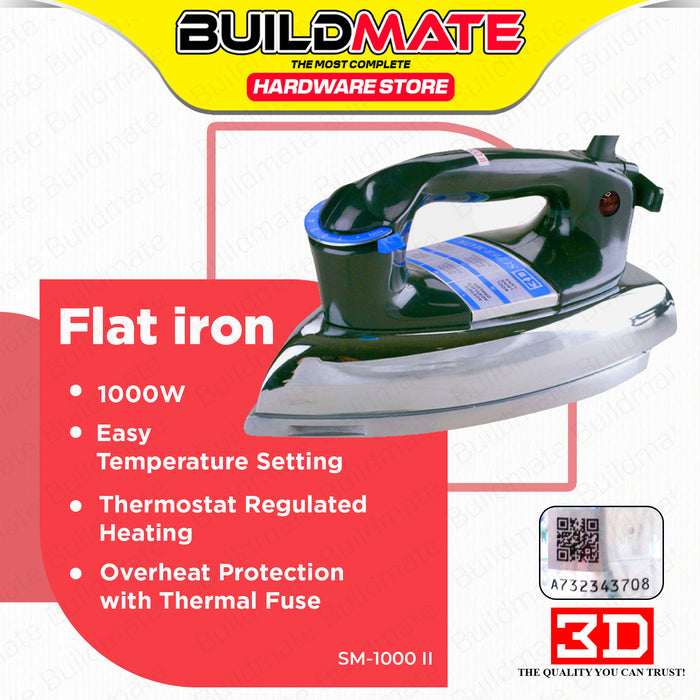 BUILDMATE 3D Electric Flat Iron 1000W SM-1000 II with Thermostat Regulated Heating and Aluminum Sole Plate Handheld Dry Iron SM-1000 II