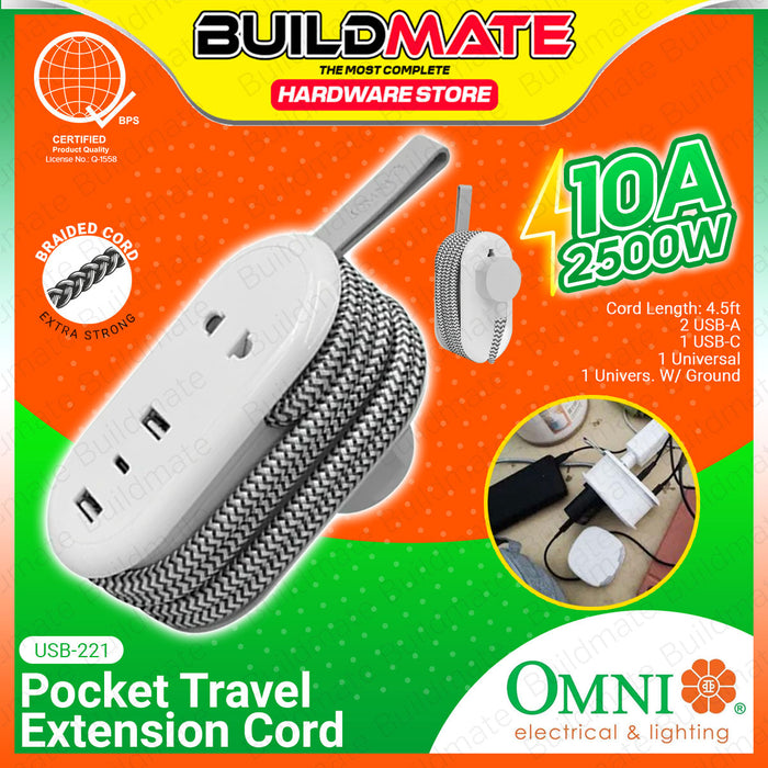 BUILDMATE Omni Pocket Travel Extension Cord 2500W 10A Compact Power Strip With Braided Cord USB Charger & Universal Outlet Socket USB-221