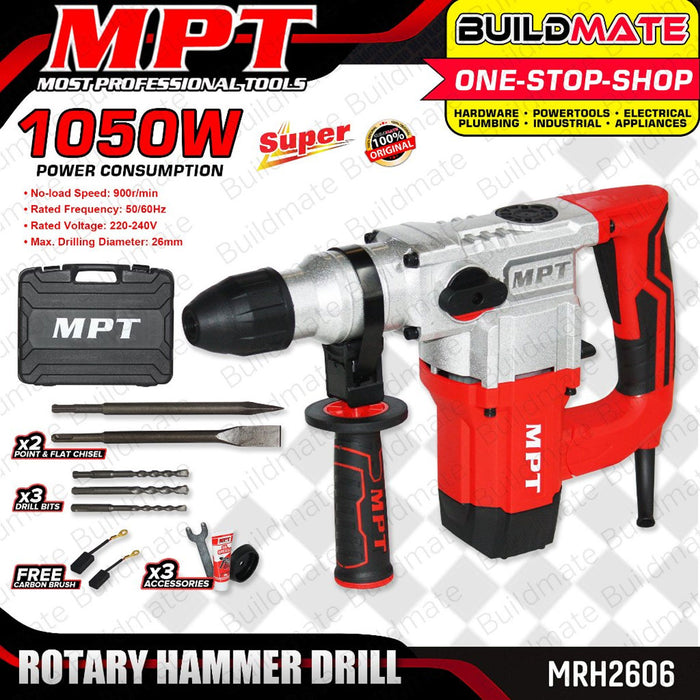 BUILDMATE MPT Rotary Hammer Chipping Gun Drill 1050W SDS PLUS with One Chuck Concrete Breaker Engraver MRH2603 / MRH2606