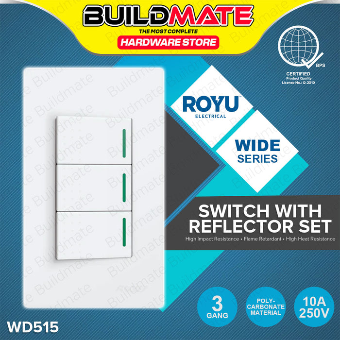 BUILDMATE Royu Wide Series Electrical Power Plate Set 1 2 3 Gang Duplex Universal Tandem Aircon Outlet 3 Way Switch With Reflector / LED SOLD PER PIECE