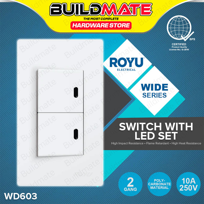 BUILDMATE Royu Wide Series Electrical Power Plate Set 1 2 3 Gang Duplex Universal Tandem Aircon Outlet 3 Way Switch With Reflector / LED SOLD PER PIECE