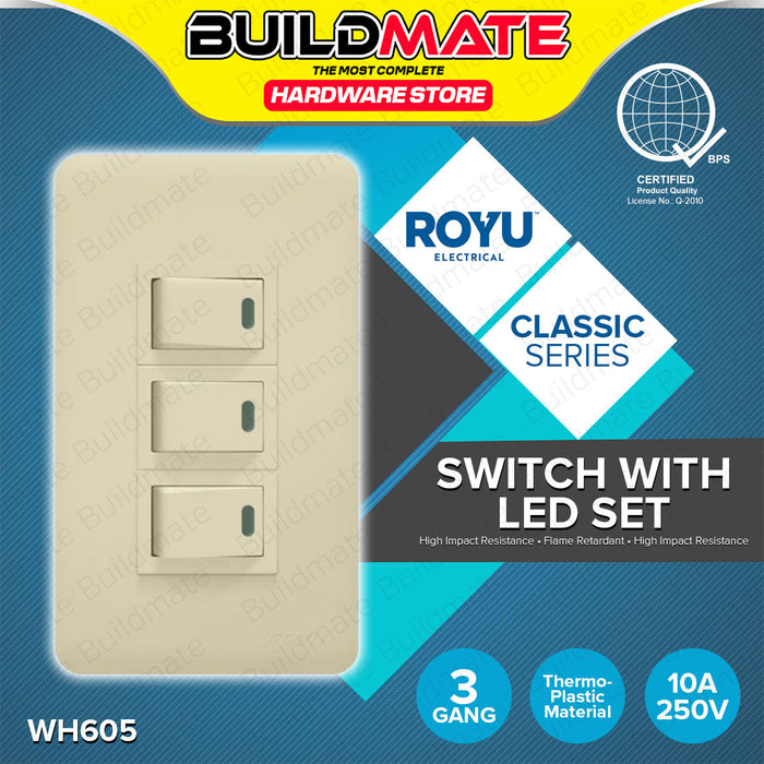 BUILDMATE Royu Classic Series Electrical Power Plate Set 1 2 3 Gang Duplex Universal Tandem Aircon Outlet & 3 Way Switch with Reflector / LED SOLD PER PIECE