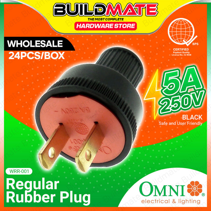 [WHOLESALE] BUILDMATE 24PCS/BOX Omni Regular Rubber Plug Black 5A 250V High Quality 2 Flat Pin Rubberized Electrical Power Plug WRR001