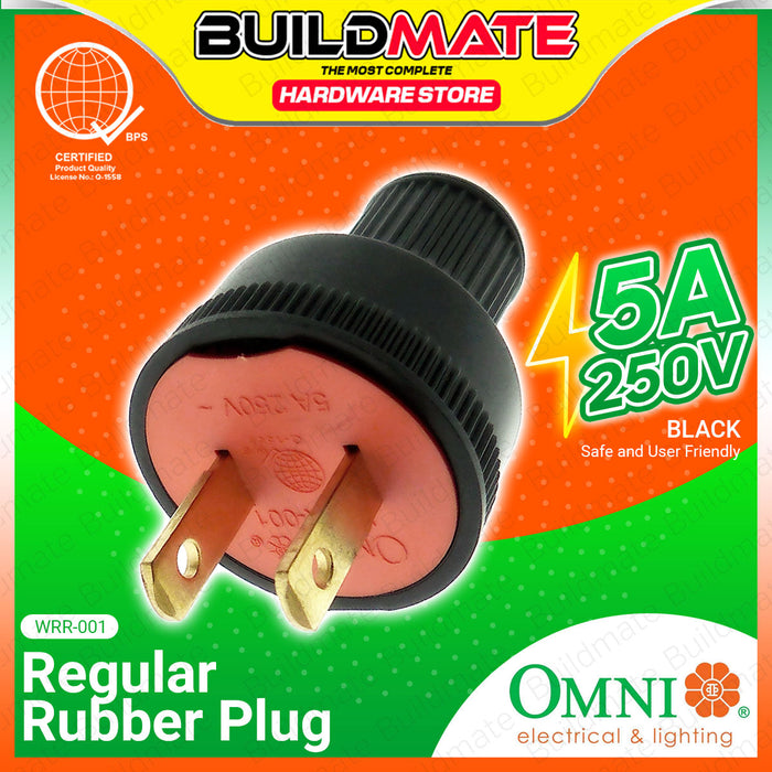 BUILDMATE Omni Regular Rubber Plug Black 5A 250V High Quality 2 Flat Pin Rubberized Electrical Power Plug WRR001