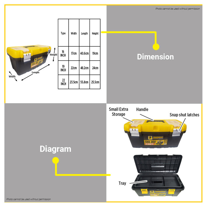 BUILDMATE Powerhouse Tool Box 16" / 19" / 22" With Extra Storage Metal Latch Tools Storage Stackable Plastic Tool Kit Organizer Box PH-GUARD - PHHT