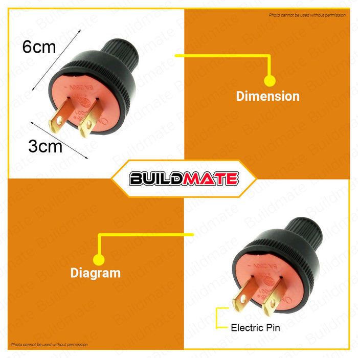 BUILDMATE Omni Regular Rubber Plug Black 5A 250V High Quality 2 Flat Pin Rubberized Electrical Power Plug WRR001