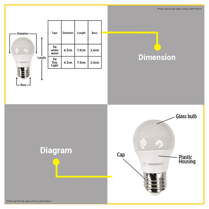 BUILDMATE Powerhouse Electric LED Classic Light Bulb E27 3W 6500K DayLight / 3000K Warm White SOLD PER PIECE PHECBE27-3W - PHE