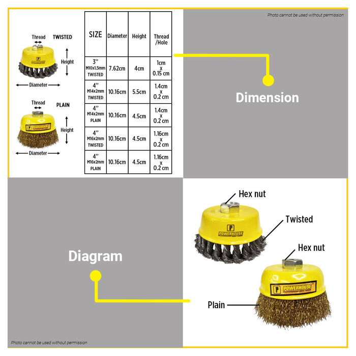 BUILDMATE Powerhouse 3" / 4" Cup Brush Plain / Twisted Rust Removal Polishing Cleaning Surface Preparation Wire Brushes  - PHHT