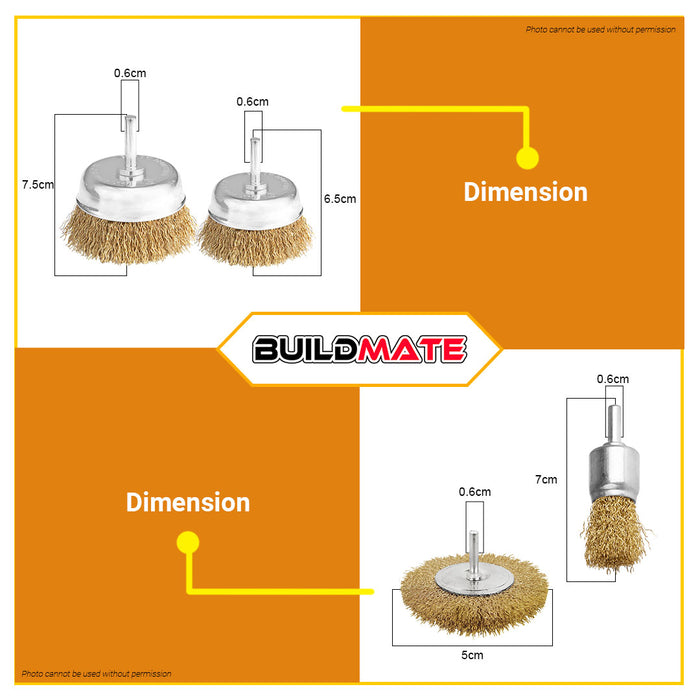 BUILDMATE Wadfow Wire Cup Brush Set 3PCS | 5PCS [SOLD PER SET] Wire Cup Set Shank Crimped Brush Set Finishing Tools Cup Wire Wheels Brush Set Drill Bit Iron Wire Metal Polishing WCE6401 | WCE6402 • WHT