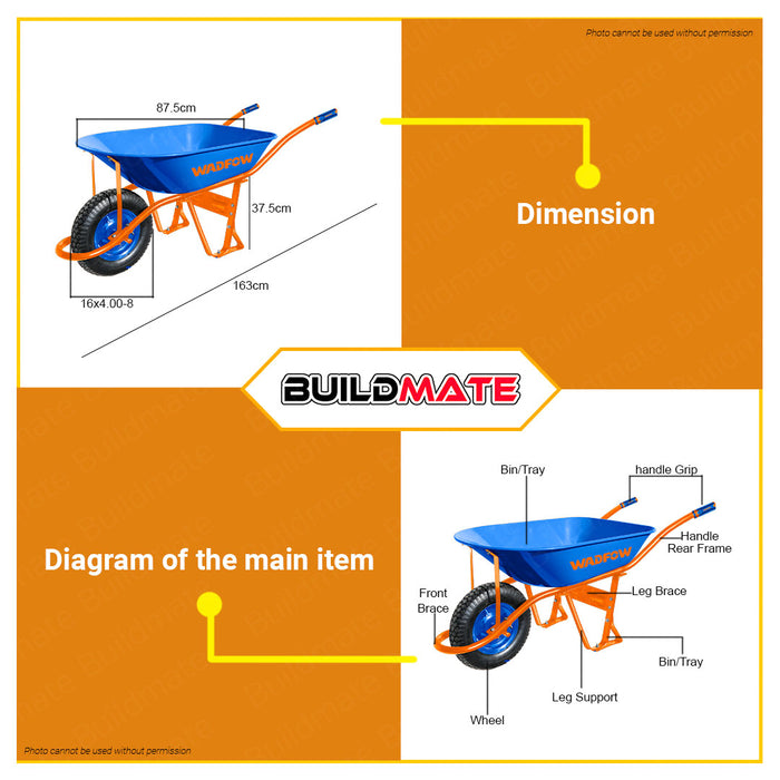 BUILDMATE Wadfow Wheel Barrow 130KG Pneumatic Wheel Garden Cart Wheelbarrow Heavy Duty Cart Wheel Barrow Garden Barrow Kartilya Utility Dump Cart Garden Tools WWB7F01 • WHT