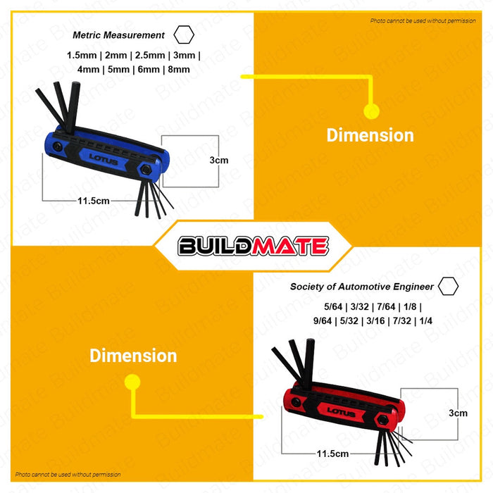 LOTUS Folding Hex Key Set 8PCS (MET) | 9PCS (SAE) | Torx Key 8PCS Allen Wrench Set SAE and Metric Folding Allen Key Set Hand Tools LTHT800FHM | LTHT900FHS | LTHT800FTT •BUILDMATE• LUTOS LHT