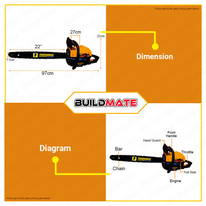 POWERHOUSE 22 Gasoline Chainsaw 2500W PH-CHSW-5800-22 W/ CHAIN BAR •BUILDMATE• PHI