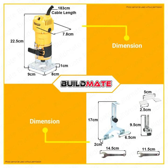 [COMBO] BUILDMATE Powerhouse Palm Router Trimmer 650W with 12PCS/SET SHIMARU Router Bit 1/4" Inch