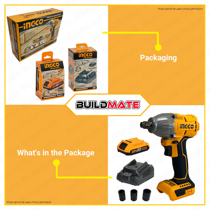 BUILDMATE Ingco Lithium-Ion Cordless 20V Brushless Impact Wrench / Driver with Cordless Drive Ratchet / Work Lamp Combo Kit Set - IPX