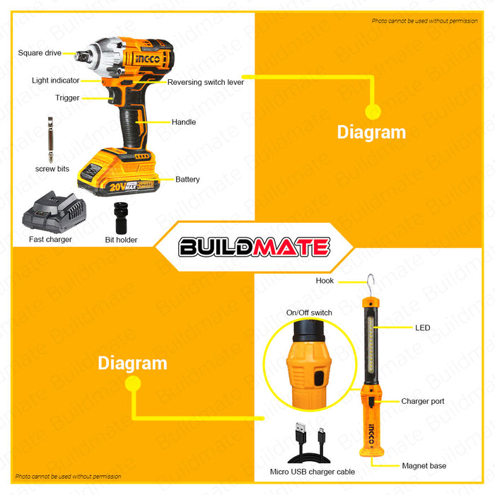 BUILDMATE Ingco Lithium-Ion Cordless 20V Brushless Impact Wrench / Driver with Cordless Drive Ratchet / Work Lamp Combo Kit Set - IPX