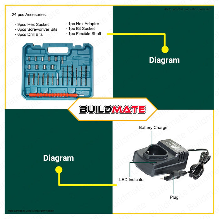 MAILTANK 12V Cordless Drill Driver Double-Speed with 2 Li-ion Batteries and Charger and Accessories Kit Set SH-191 •BUILDMATE•