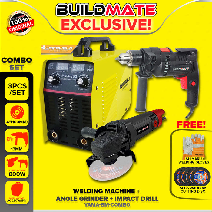 (COMBO SET) BUILDMATE Brand / Yamaweld 350A Inverter Welding Machine + 800W Angle Grinder + 800W Impact Drill + Shimaru Welding Gloves YAMA-BM-COMBO