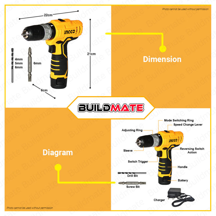 BUILDMATE Ingco 12V 20NM Li-Ion Cordless Impact Drill Driver Drilling ...