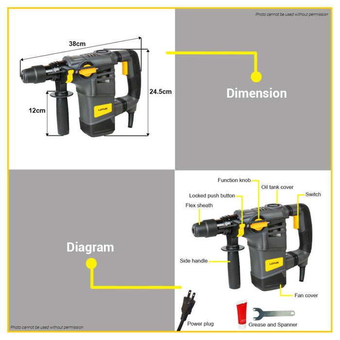 BUILDMATE Lotus 4kg Rotary Hammer 1000W / 1300W Electric Hammer Concrete Breaker Chipping Drill Gun - LPT