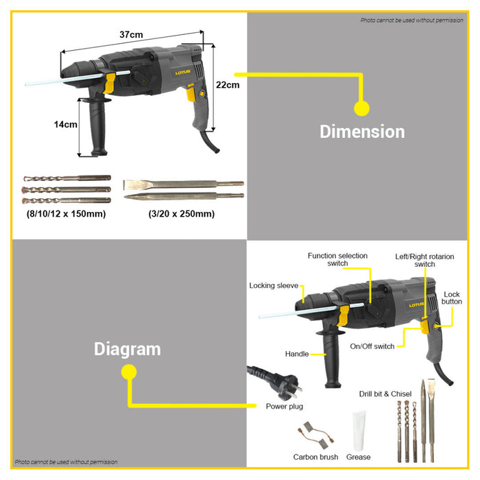 BUILDMATE Lotus Rotary Hammer 800W 2kg 3Mode SDS Plus Concrete Breaker Chipping Gun LTBH800DRE • LPT