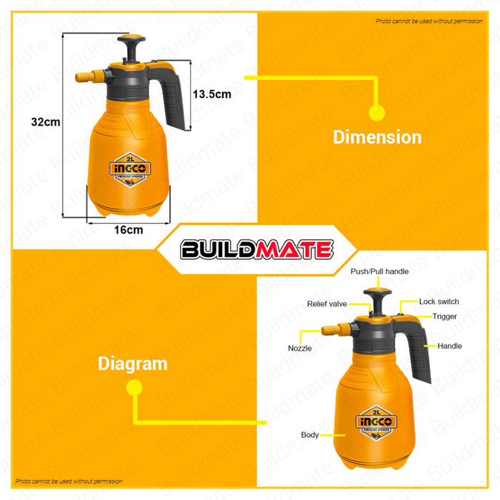 BUILDMATE Ingco 2L Pressure Sprayer Washer Disinfectant Agriculture Spray Handheld Garden Spray IHT