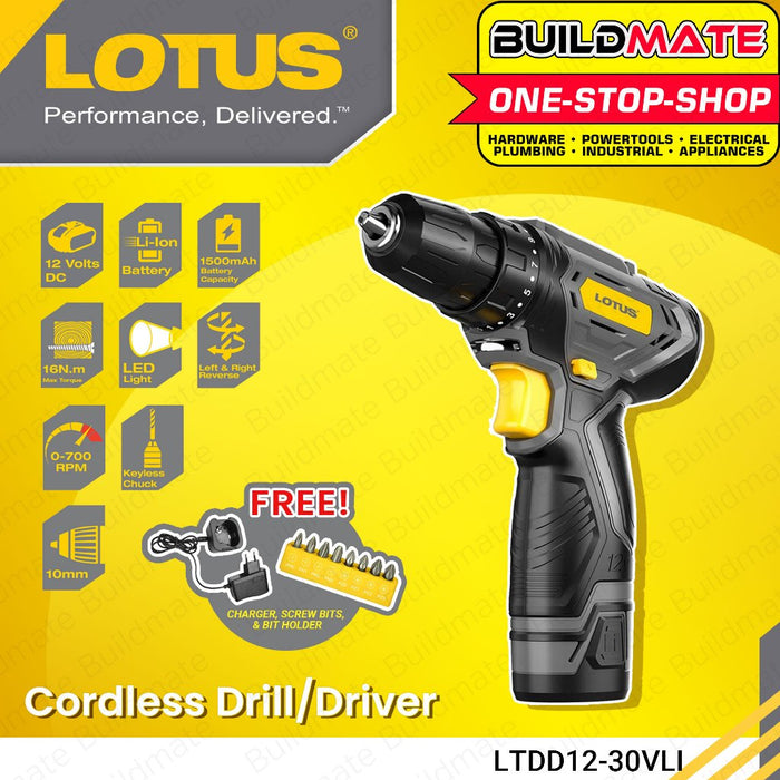 BUILDMATE Lotus 12V Cordless Drill Driver Set Drilling Gun 9pcs Bit Set LTDD12-30VLI Tatak Pogi LPT