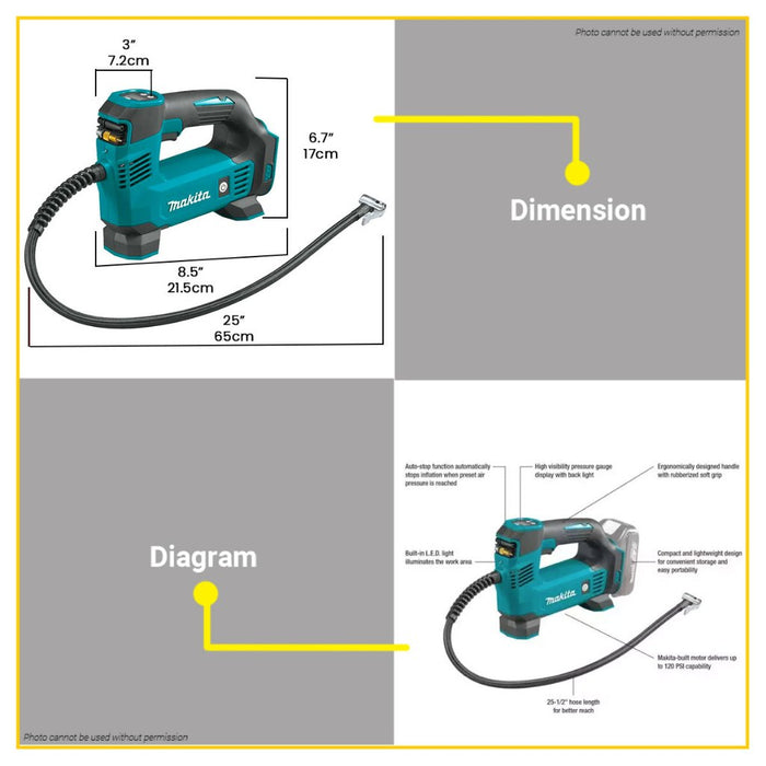 MAKITA 18V Lithium-Ion Cordless Tire Inflator 121PSI Air Pump Compressor Car Portable Tyre Inflator DMP180Z •BUILDMATE•