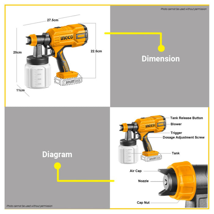 (SOLO) BUILDMATE Ingco 20V Lithium-Ion Cordless Spray Gun Paint Zoom UNIT BARE TOOL CSGLI2003 • ICPT