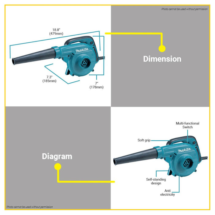 BUILDMATE Makita 600W Electric Leaf Air Blower Portable Blow Gun With Dust Bag Blowing Dust Collecting UB1103