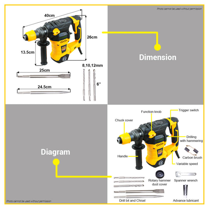 BUILDMATE Powerhouse Rotary Hammer SDS PLUS 1200W / 1300W / 1600W Electric Concrete Breaker Drill Chipping Gun with Case  - PHPT