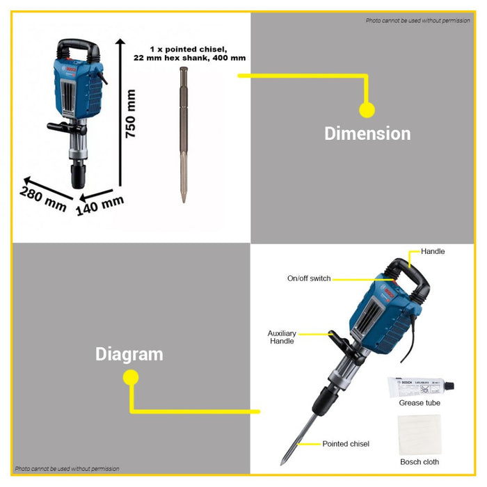 GRAPHITE Demolition hammer with hexagon handle 30 mm, 1700 W, stroke  function 1500 min¹, stroke energy 45 J, power cord 4 m, mass 14 kg,  accessories: 1 chisel, dust cover, grease container, case : : DIY  & Tools