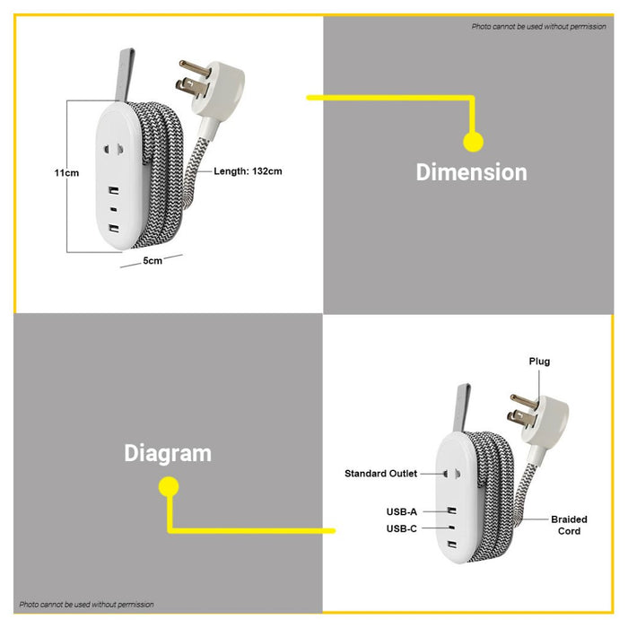 BUILDMATE Omni Pocket Travel Extension Cord 2500W 10A Compact Power Strip With Braided Cord USB Charger & Universal Outlet Socket USB-221
