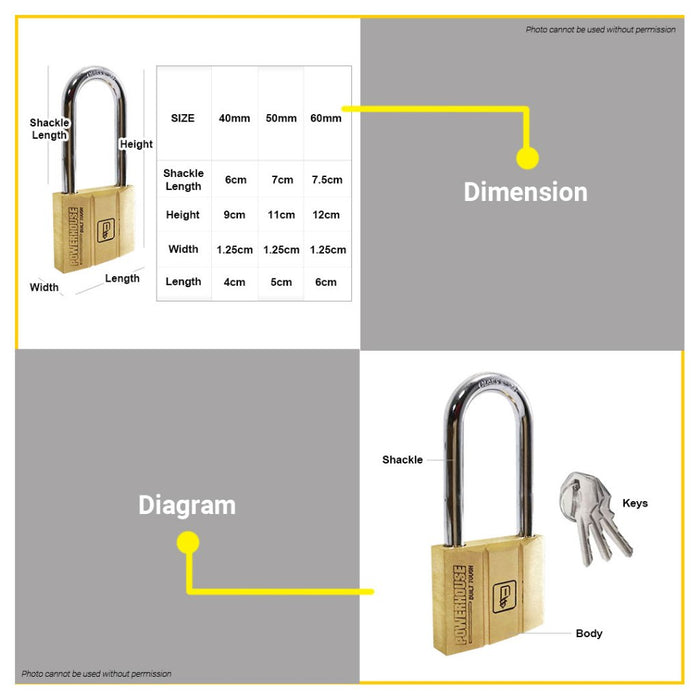 BUILDMATE Powerhouse Solid Brass Padlock LONG SHACKLE 30mm - 60mm with 3pcs Keys Anti-Theft Dual Locking Keyed Security Pad Lock - PHHT