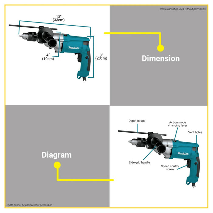 BUILDMATE Makita 720W Electric Impact Hammer Drill 2-Speed 3/4" Inch Reversible Variable Speed HP2050