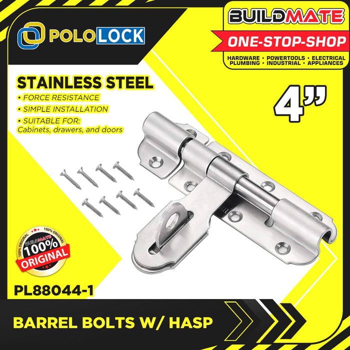 BUILDMATE Pololock Stainless Barrel Bolt with Hasp & Screw 1" | 2" Inch Anti-Theft Door Lock PL88044