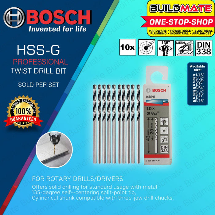 BUILDMATE Bosch 10PCS/SET HSS-G Twist Drill Bits 1/16" - 1/2" Inch Metal Drilling for Rotary - BAX