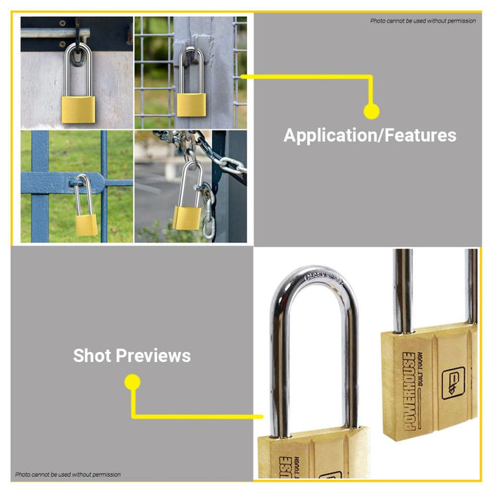 BUILDMATE Powerhouse Solid Brass Padlock LONG SHACKLE 30mm - 60mm with 3pcs Keys Anti-Theft Dual Locking Keyed Security Pad Lock - PHHT