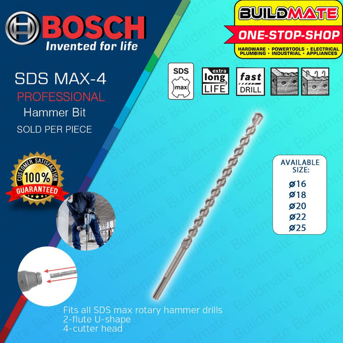 BUILDMATE Bosch SDS MAX-4 Rotary Hammer Drill Bit 16MM - 25MM for Concrete & Masonry Drilling - BAX