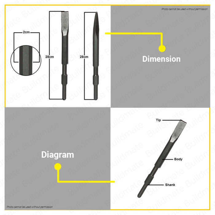 BUILDMATE Powerhouse Hex Chisel Pointed / Flat 17MM x 280MM for Masonry Concrete 17280 - PTAA