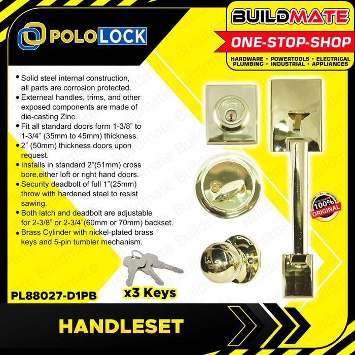 BUILDMATE Pololock Entrance Handle Set SINGLE Lock Doorknob Handleset for Main Door Lockset PL88027