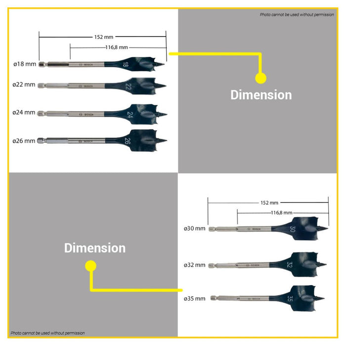 BUILDMATE Bosch 152MM Self Cut Speed Flat Spade Drill Bit 1/4" Hex Shank Drilling 24MM - 40MM - BAX