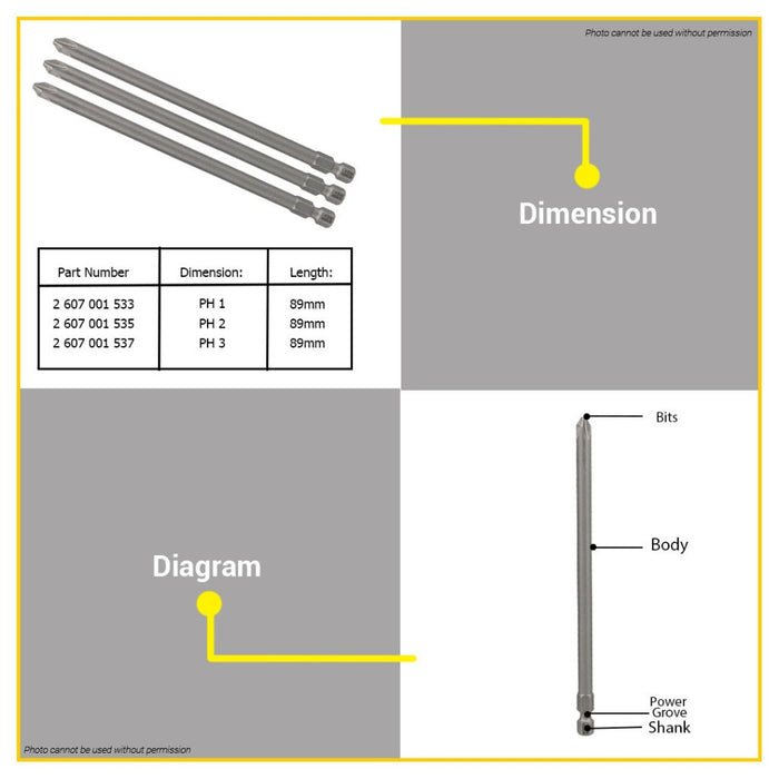 BUILDMATE Bosch 3PCS/SET 99mm Extra Hard Screwdriver Bit Phillip for Rotary Drills / Driver - BAX