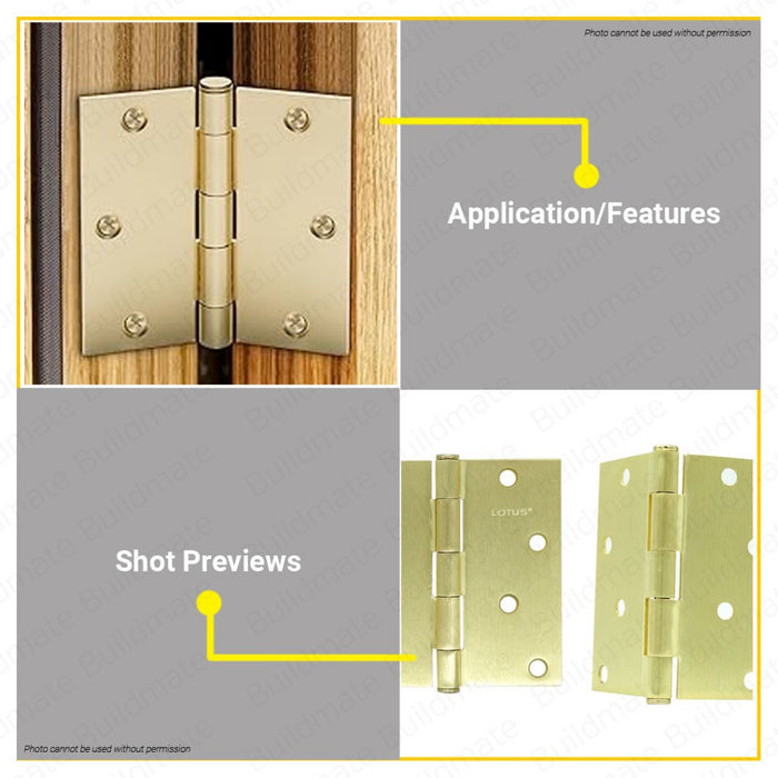 BUILDMATE Lotus Brass Plated Loose Pin Door Hinges 3" | 3.5" | 4" Inch Ball Bearing with Screws LHT