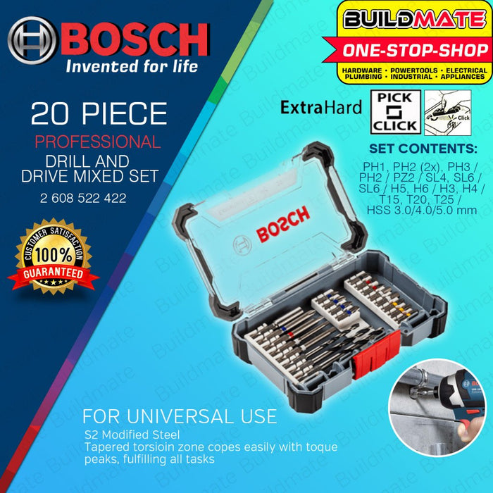 BUILDMATE Bosch 20PCS/SET Extra Hard Pick and Click Mixed Drill Bits & Drive Bit Set 2608522422 BAX